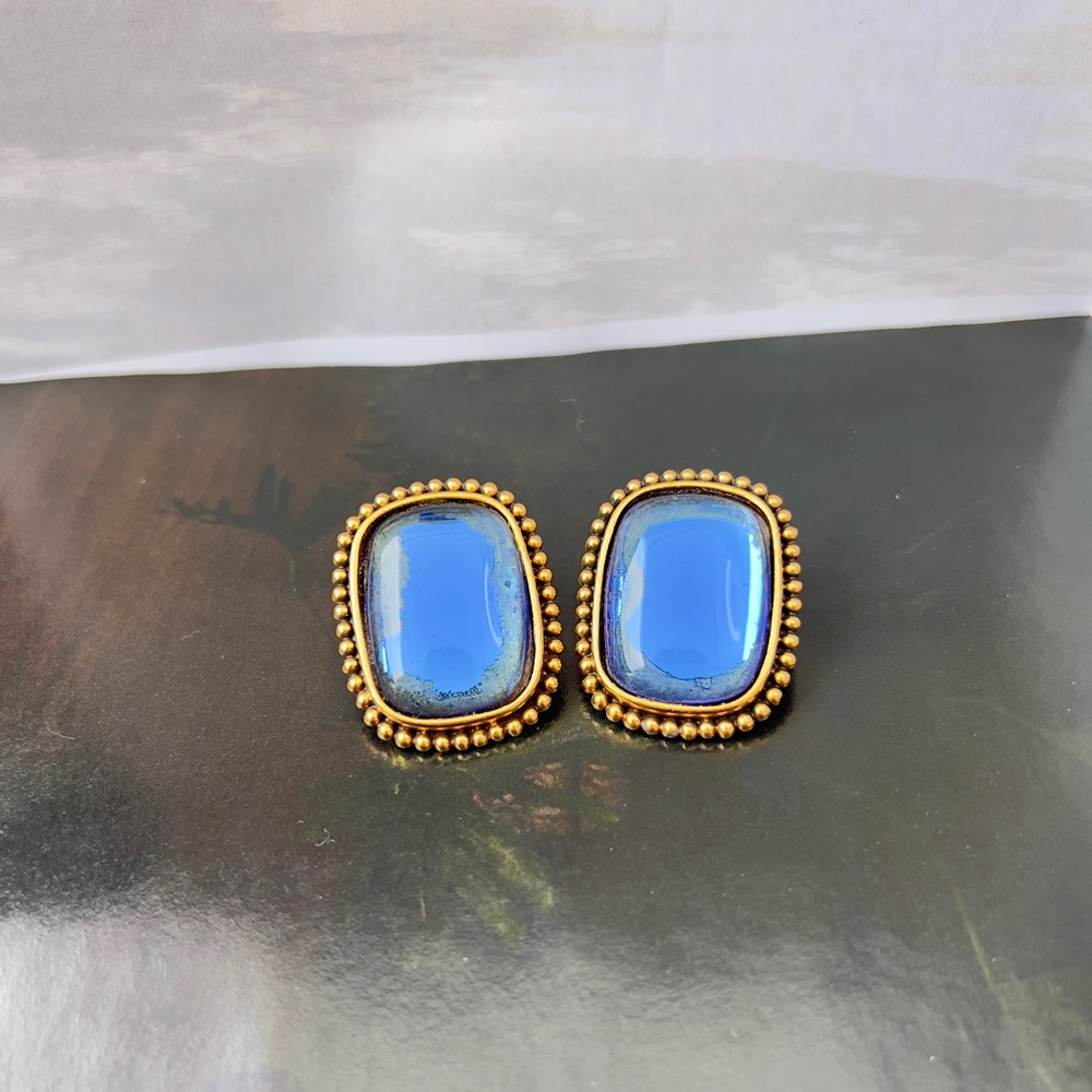 SOLD! Auth YSL Earrings • Authentic Yves Saint Laurent Blue Cabochon Clip Ons - Picture 5 of 9